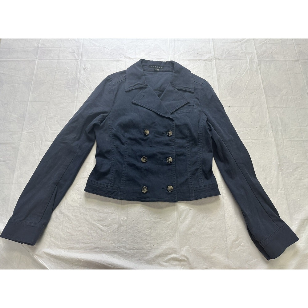 Theory Cotton Double Breasted Short Jacket Coat Navy Blue 8